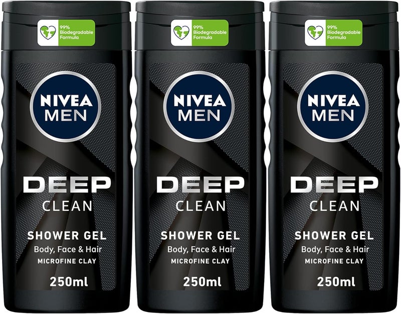 NIVEA MEN 3in1 Shower Gel Body Wash with Micro-Fine Clay, Woody Scent, Pack of 3 (250ml each) - Image 1